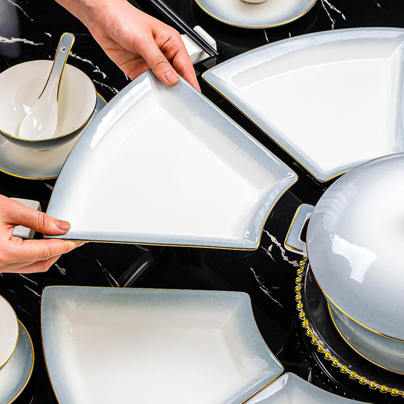 Fan-shaped bone china bowl and plate set 17 01